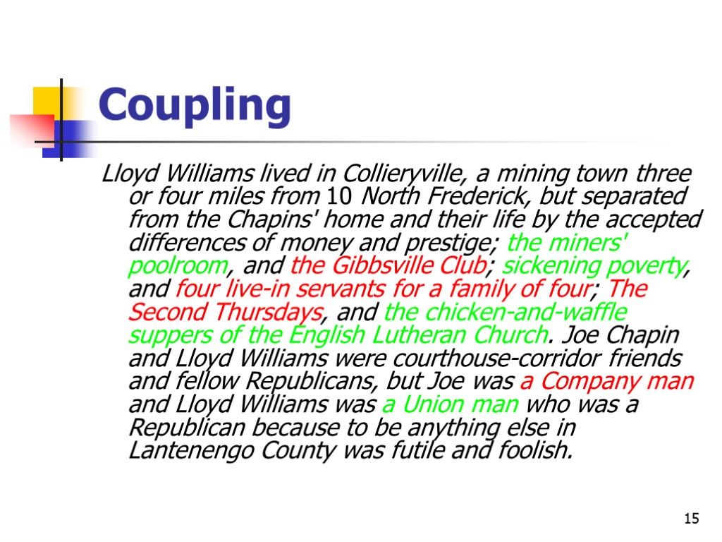 15 Coupling Lloyd Williams lived in Collieryville, a mining town three or four miles